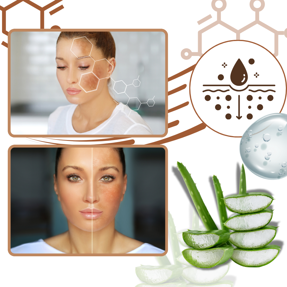 Sérum facial corretor não oleoso da Pecoda, com ingredientes à base de melanina, para pele equilibrada e uniforme.