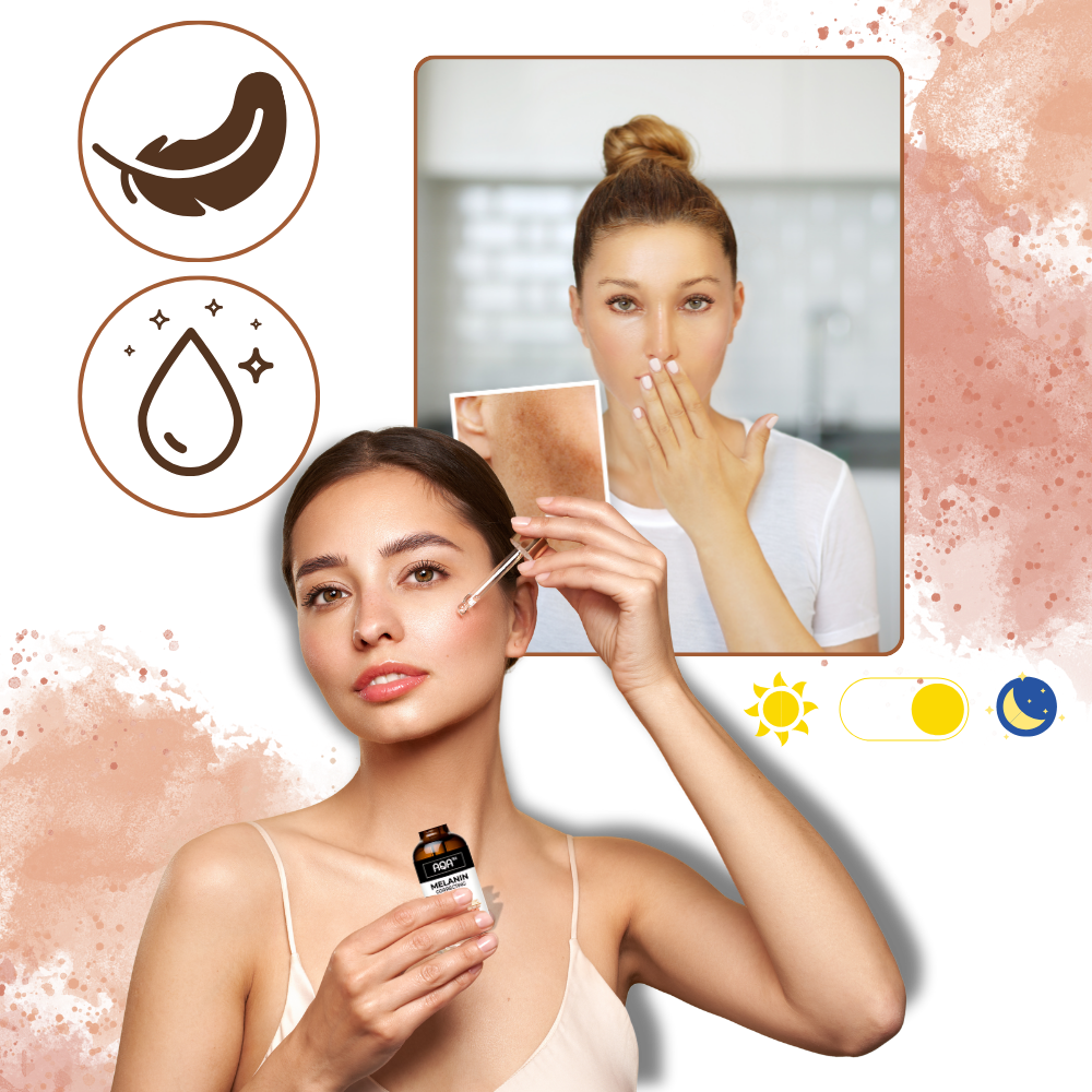 Sérum facial não gorduroso da Pecoda com melaninina, embalagem de 30ml, aplicado na pele do rosto.