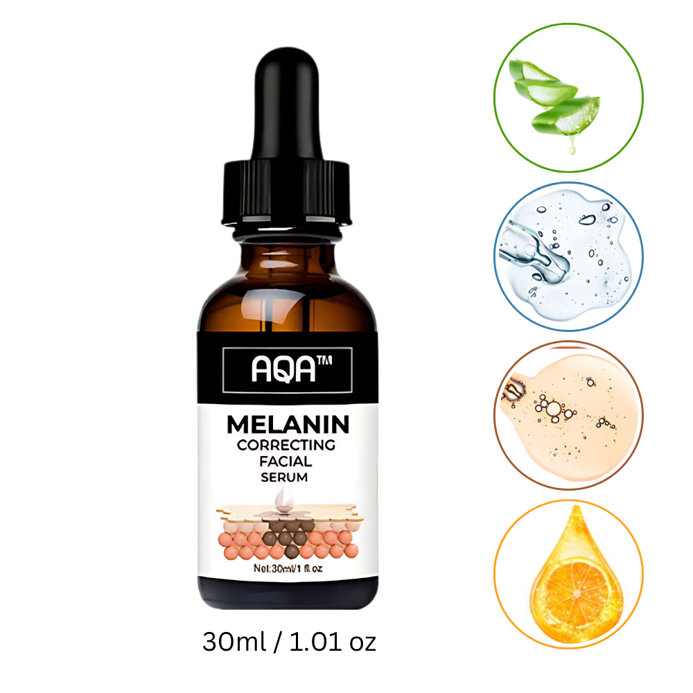 Sérum facial corretor não oleoso da Pecoda com melatonina, embalagem com frasco e conta-gotas, creme suave para a pele.