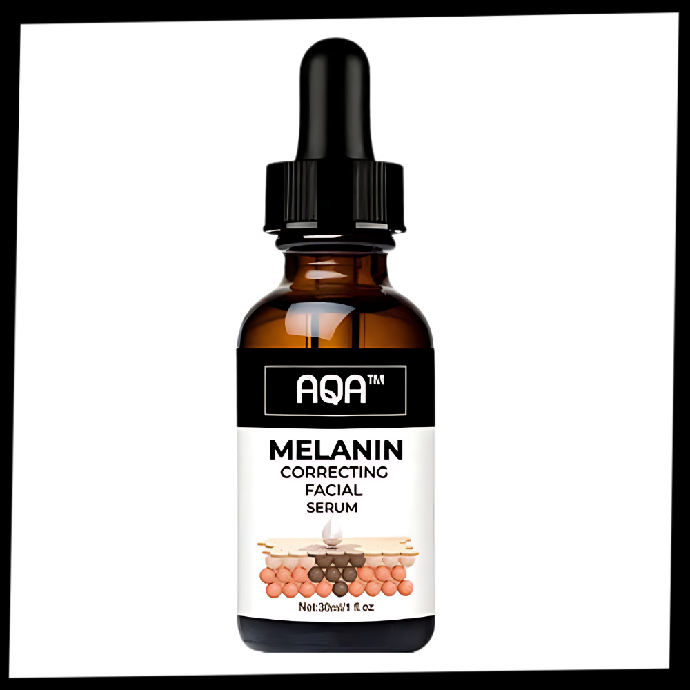 Sérum facial corretor não oleoso da Pecoda, com ingredientes à base de melanin para cuidado da pele.