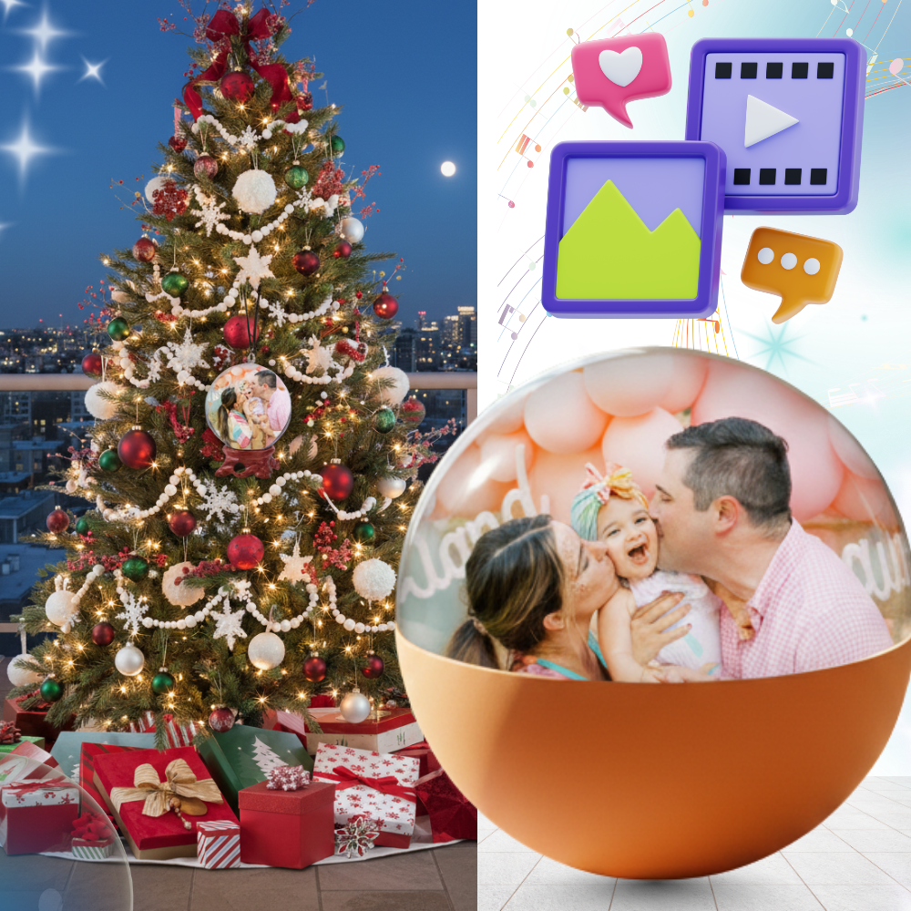 Bola de Natal decorativa da Dealhobbies com espaço para fotos e vídeos personalizados, decoração de Natal sazonal.