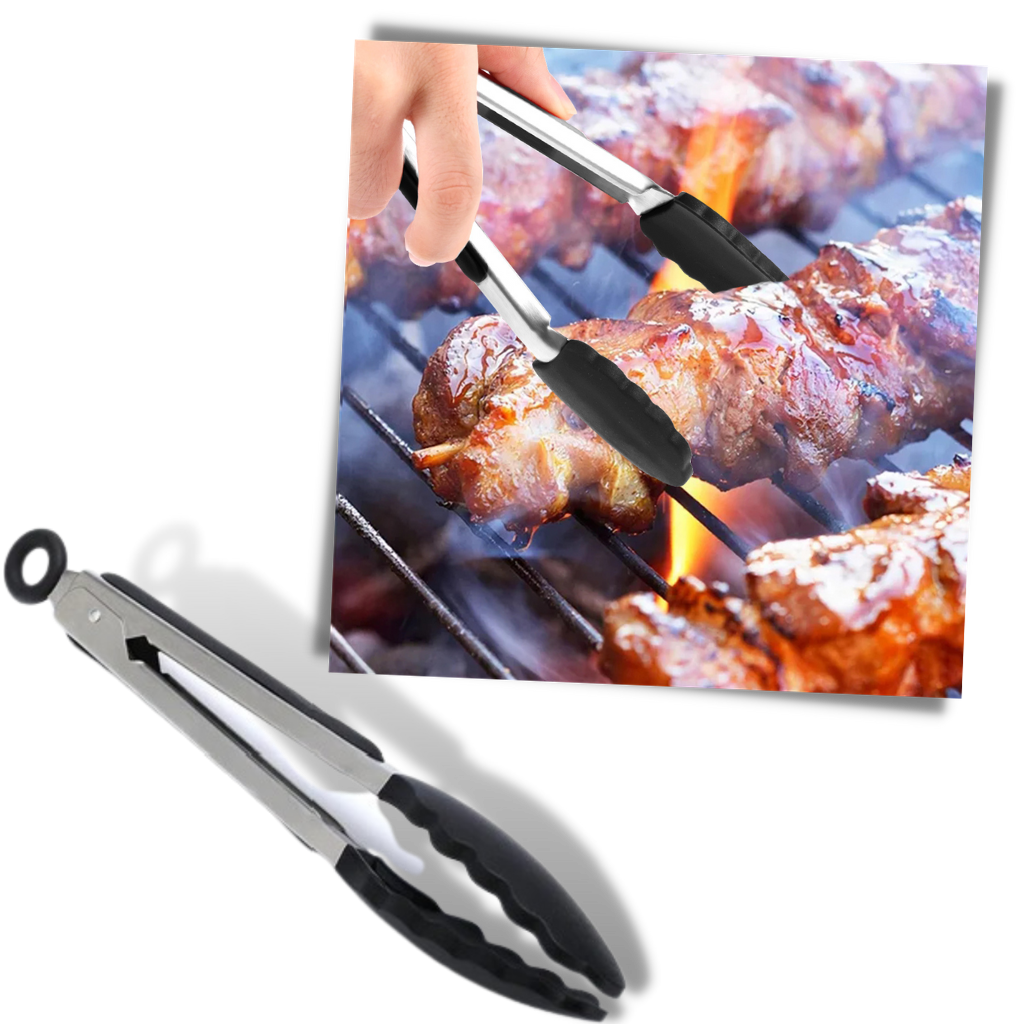 Pinça de churrasco em aço inox com alça de silicone, utensílio de cozinha resistente para grelhar e manusear alimentos.