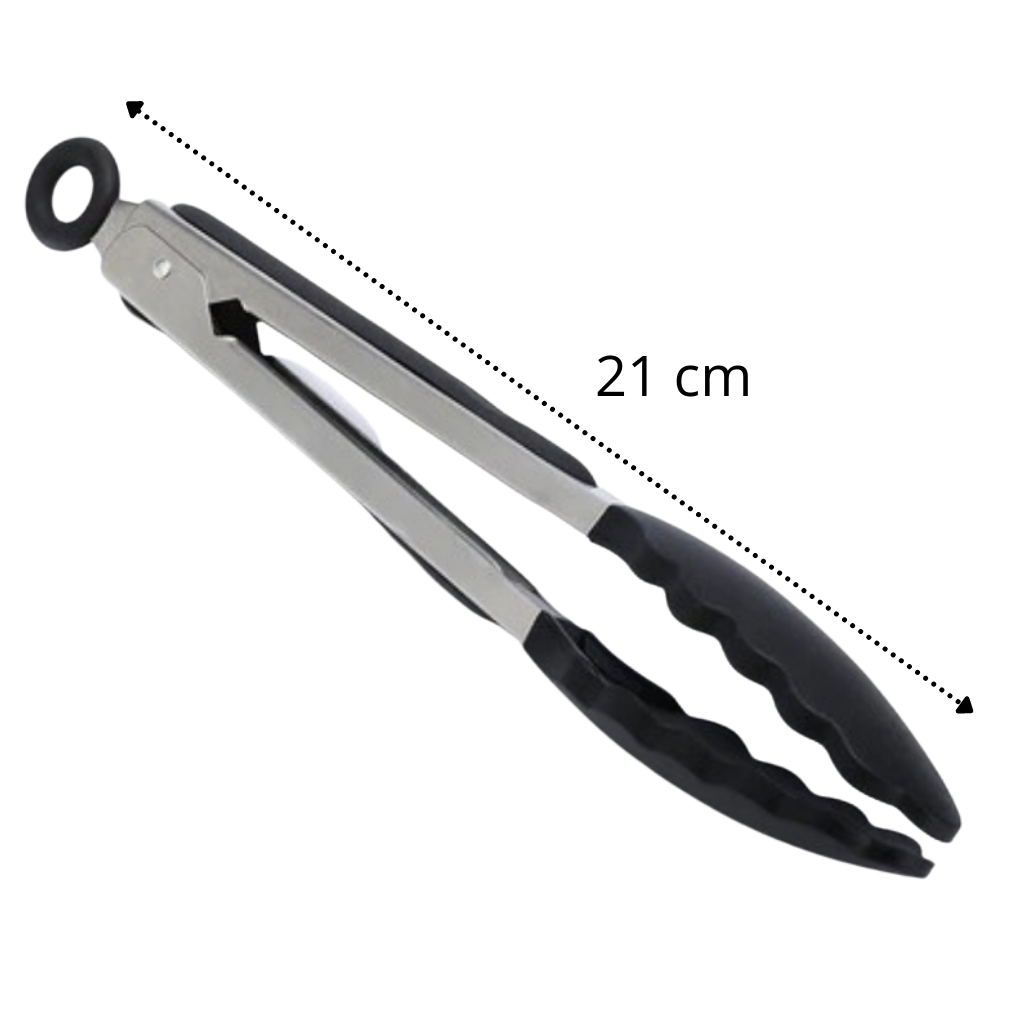 Pinça de churrasco em aço inox com cabo de silicone, utensílio de cozinha da marca Peralng, ideal para grelhar alimentos.