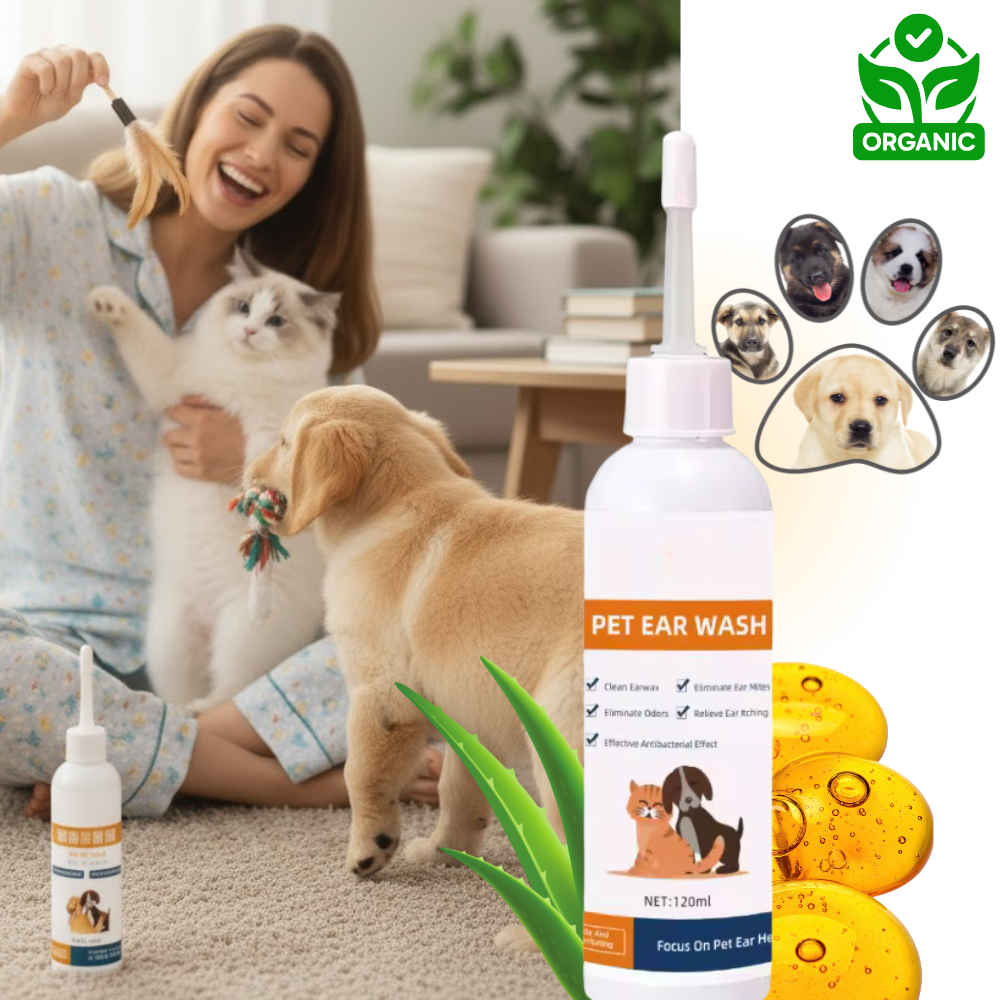 Produto de limpeza e desodorização para orelhas de animais da marca Elaimei, com ingredientes botânicos, ideal para higiene pets.