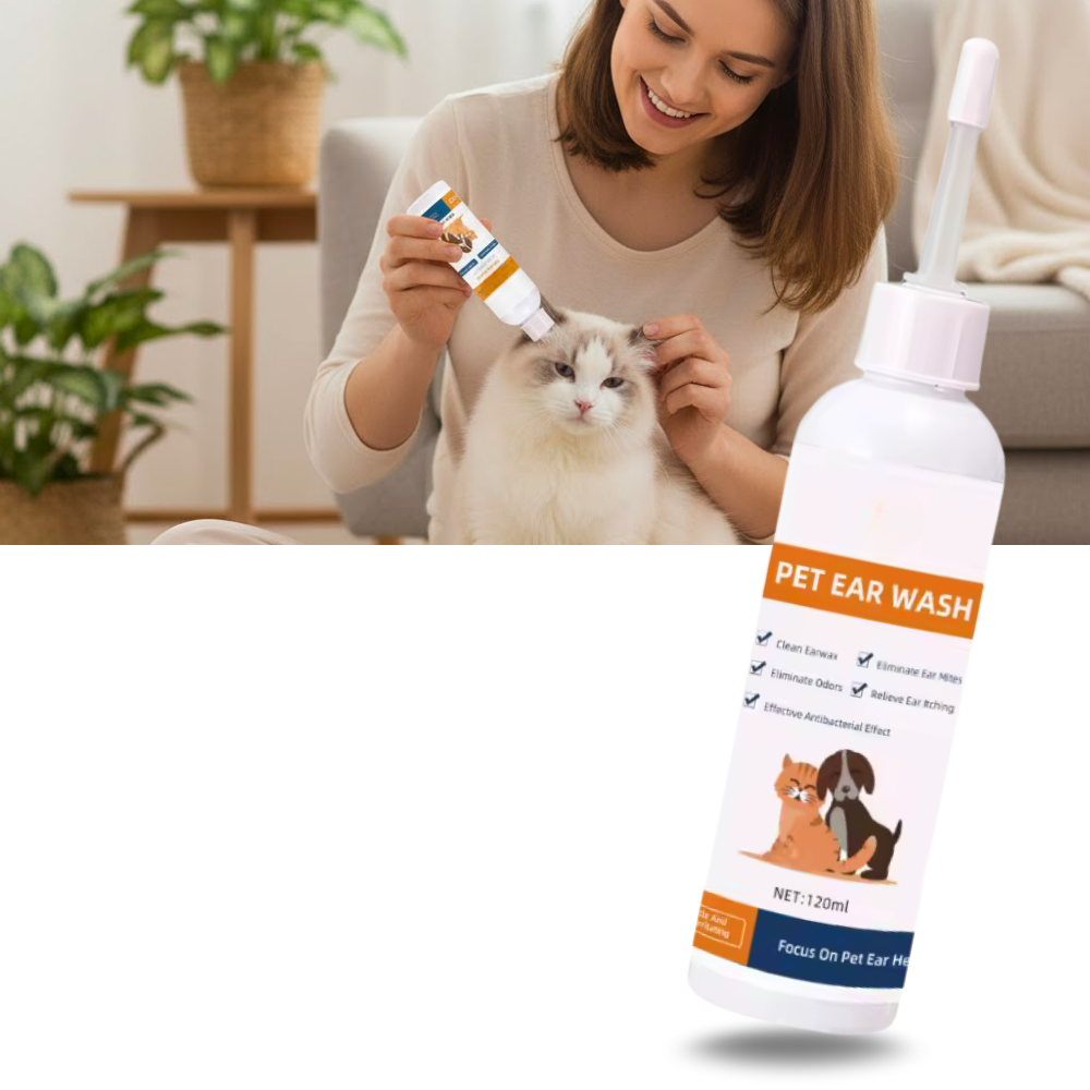 Produto de limpeza e desodorização para orelhas de animais de estimação Elaimei, com material de toilettagem para pets.