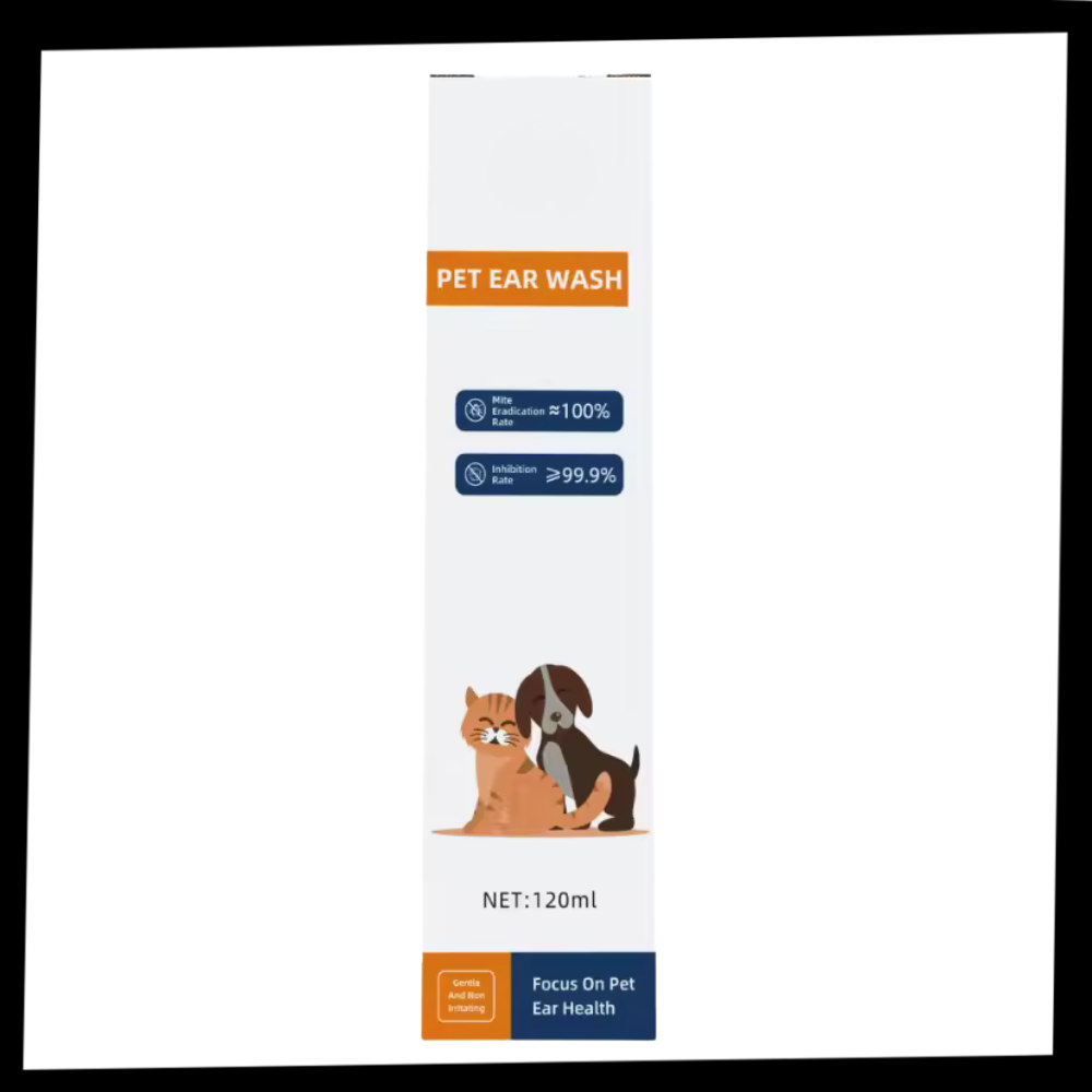 Produto de limpeza e desodorização para orelhas de animais de estimação, marca Elaimei, em embalagem de material de toilettagem.