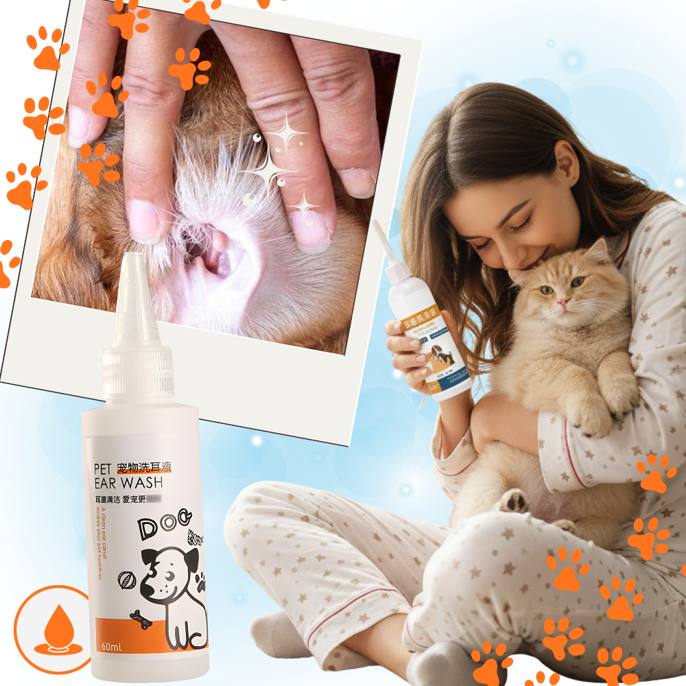 Produto de limpeza e desodorante para orelhas de animais de estimação da marca Elaimei, com solução suave para higiene animal.