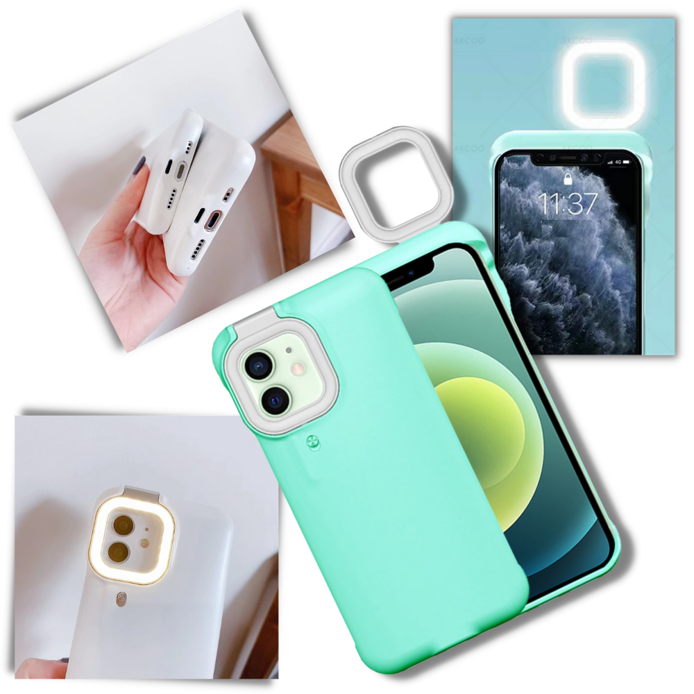 Estuche de telefone branco Peyan para iPhone 12 com anel luminoso LED, proteção e iluminação prática para selfies.