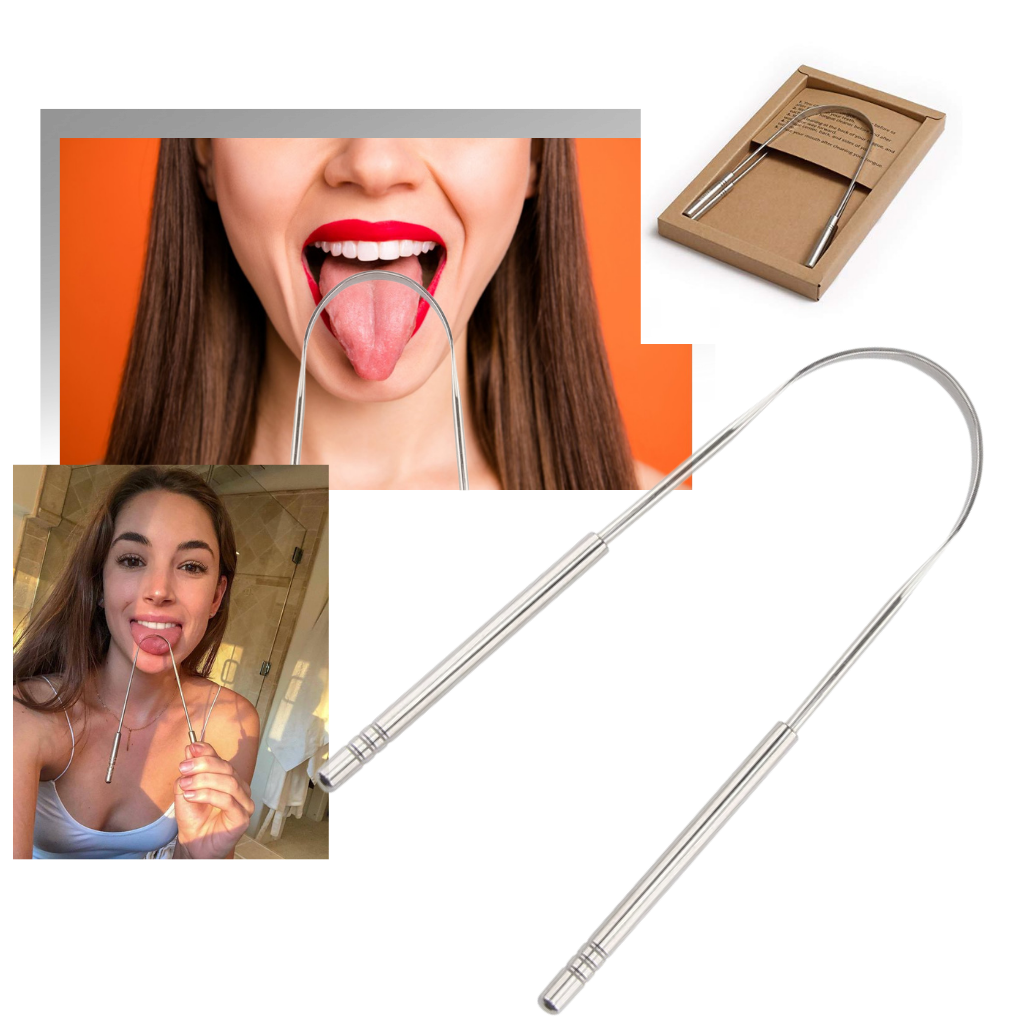 Escova de língua em aço inoxidável da Phogeo para cuidados bucais, com cerdas finas e superfície lisa para higiene oral eficaz.