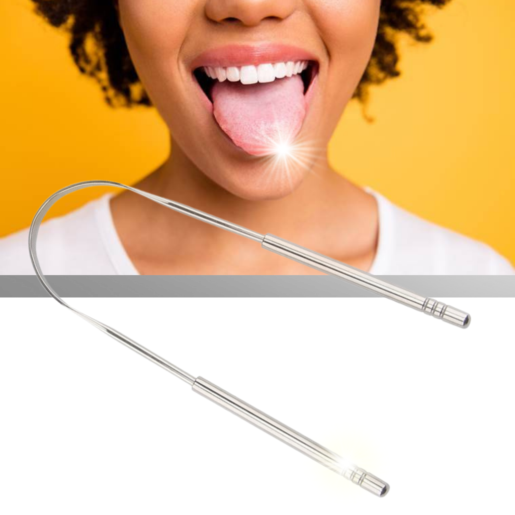 Escova de língua em aço inoxidável da Phogeo para cuidados bucais, com superfície lisa para limpeza eficaz da língua.
