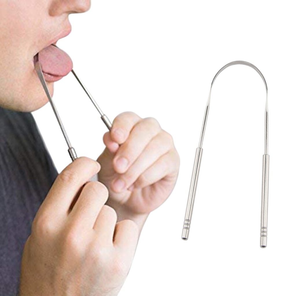 Escova de língua em aço inoxidável da Phogeo para cuidados bucais, com cerdas lisas e design para higiene oral eficiente.