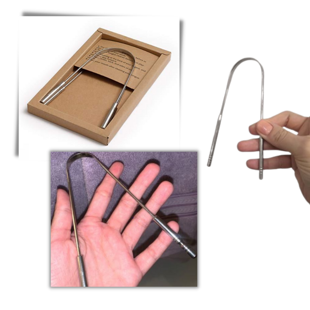Escova de língua em aço inoxidável Phogeo para cuidados bucais, com cerdas para higiene oral eficiente.