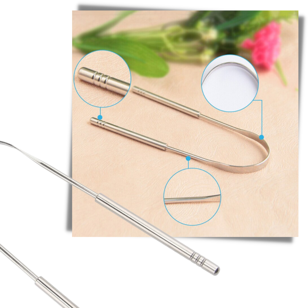Escova de língua em aço inoxidável Phogeo para cuidados bucais, com cerdas finas para limpeza eficaz da língua.