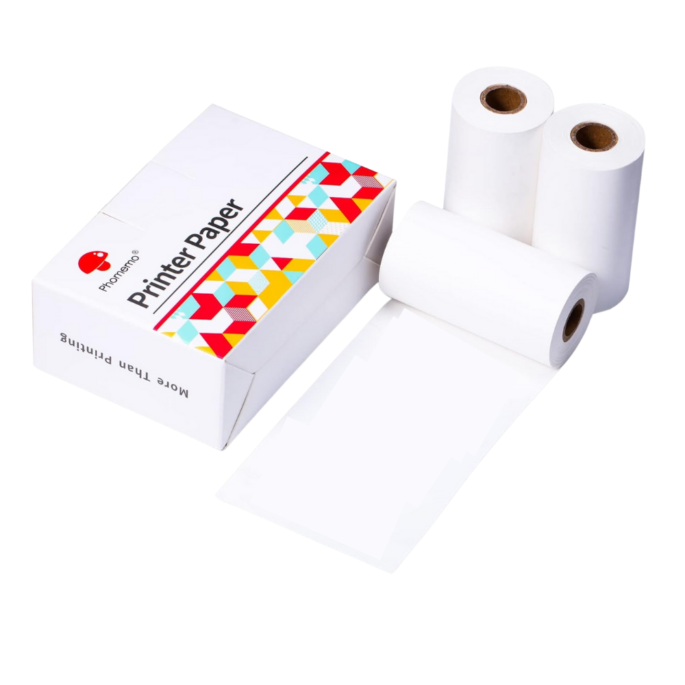 Impressora de stickers sem tinta Phomemo Giyblacko com rolos brancos, impressora portátil para etiquetas e adesivos não adesivos.