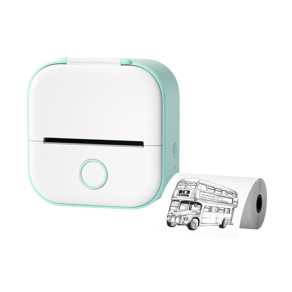 Impressora de stickers sem tinta Phomemo da Giyblacko, com bobina de papel adesivo verde e branco, vista frontal.
