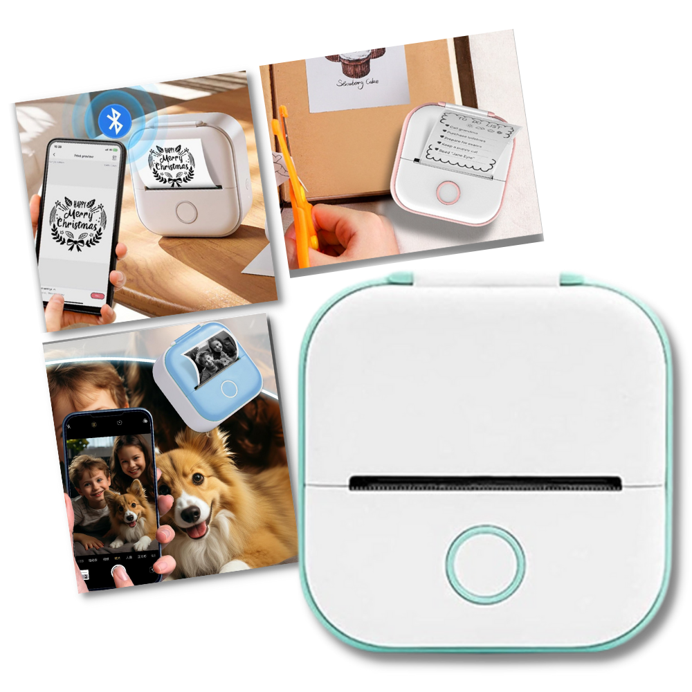 Impressora de stickers sem tinta Giyblacko Phomemo, compacta, branca, exibindo detalhes da impressora portátil para stickers.