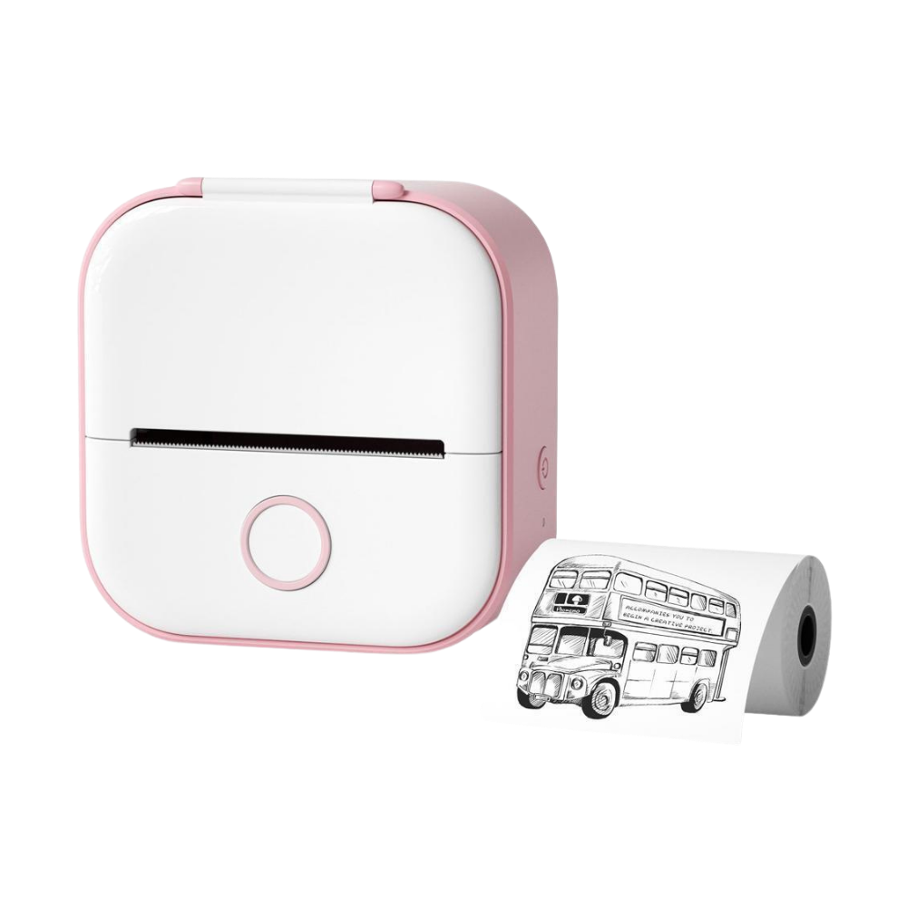 Impressora de stickers sem tinta Giyblacko Phomemo, cor rosa e branco, com rolo de etiquetas visíveis, para impressão de adesivos.
