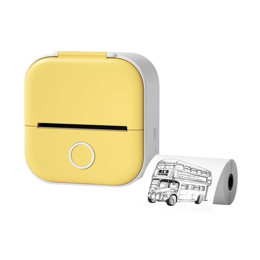 Impressora de stickers sem tinta Giyblacko Phomemo com rolo de etiquetas amarelas e design compacto.