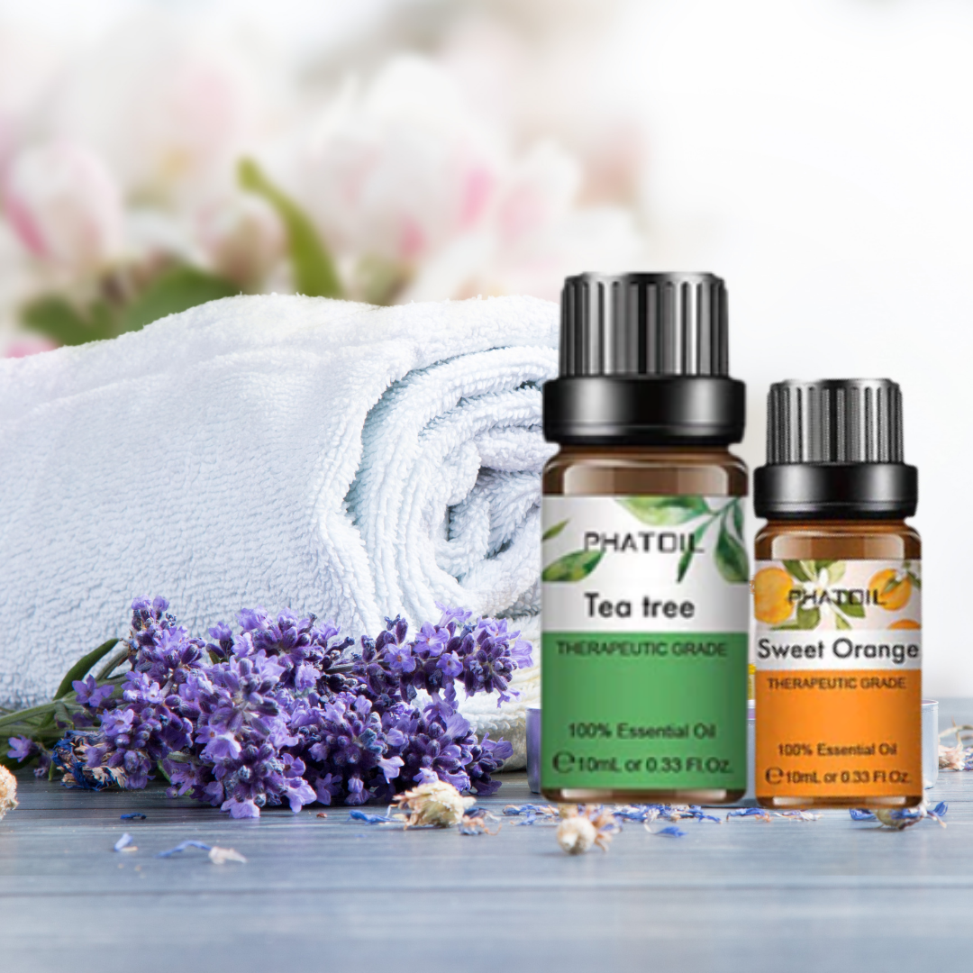 Conjunto de 6 óleos essenciais Plant Therapy para massagem e relaxamento, frascos de vidro com rótulos coloridos.