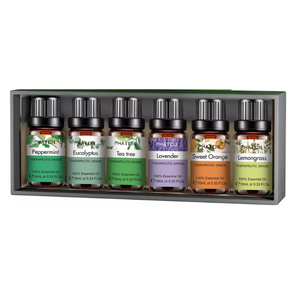 Conjunto de 6 óleos essenciais para massagem e relaxamento da marca Plant Therapy, em frascos pequenos e coloridos.