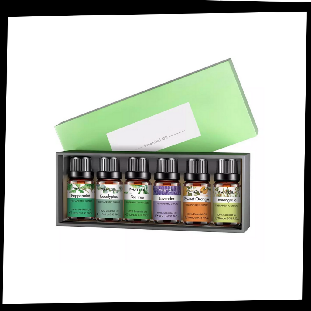 Pack de 6 óleos essenciais Plant Therapy para massagem e relaxamento, com frascos coloridos e rótulos detalhados.