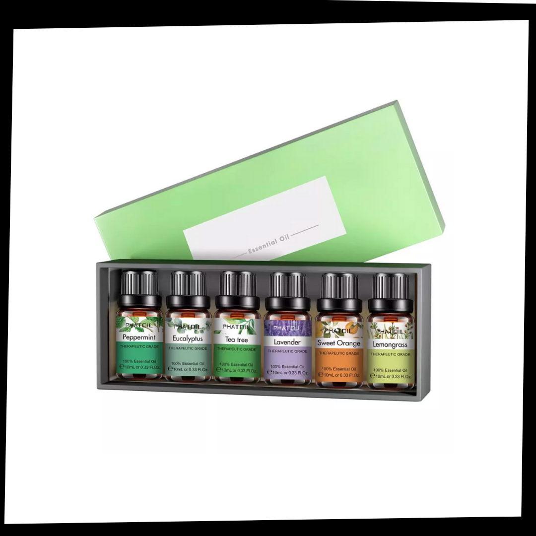 Pack de 6 óleos essenciais Plant Therapy para massagem e relaxamento, com frascos coloridos e rótulos detalhados.