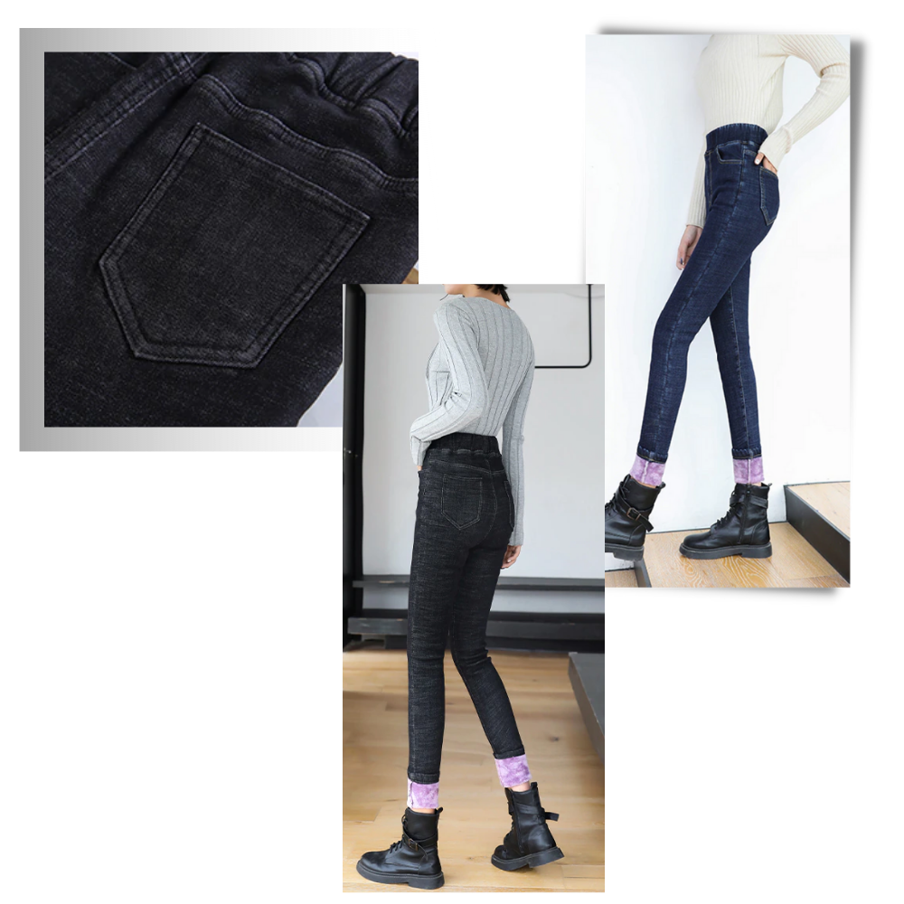 Jegging feminino em lã polaire térmica da Plush, pantalona ajustada preta para frio, com detalhes de costura visíveis.