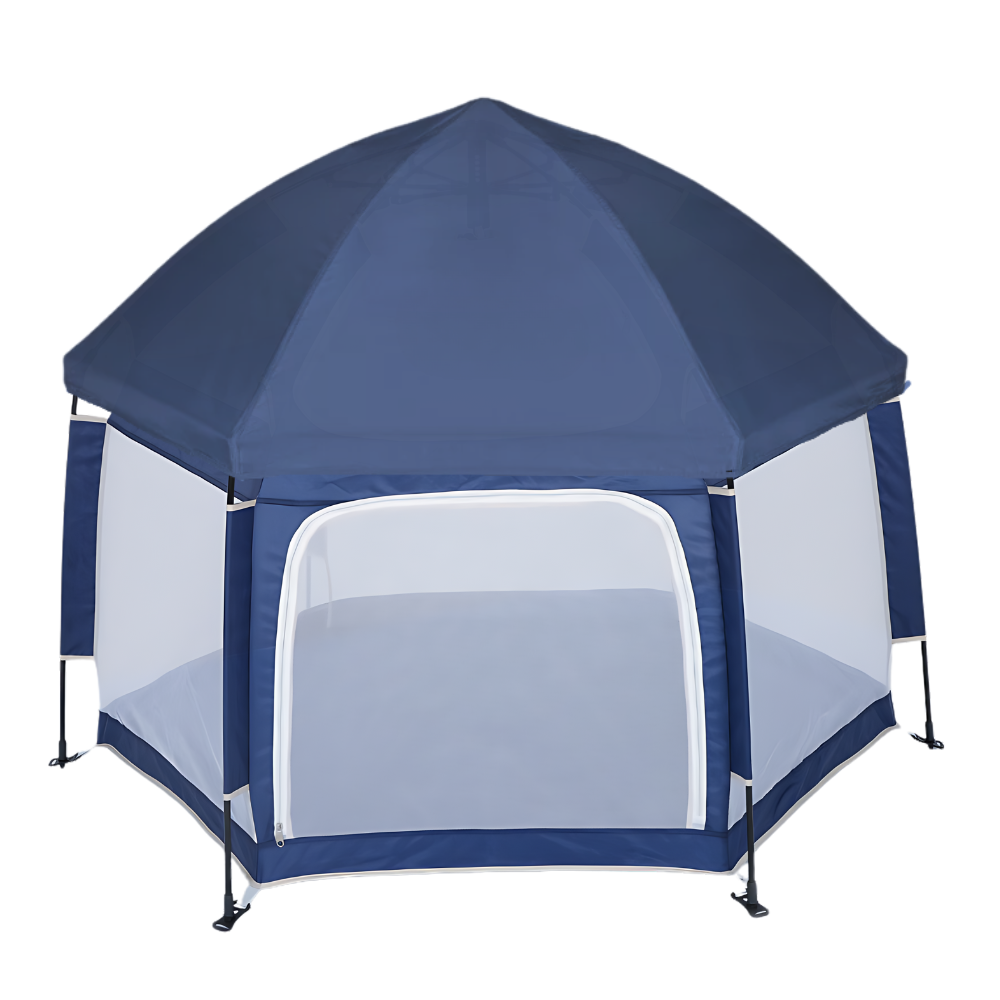 Parque de malha para crianças da The California Beach Co. LLC, pop-up, em azul, ideal para camping e atividades ao ar livre.