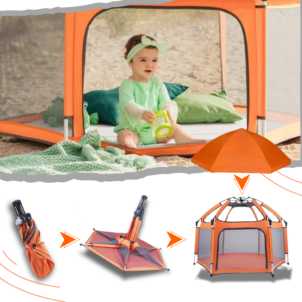 Parque de malha pop-up para crianças da The California Beach Co., fácil de montar, ideal para camping e atividades ao ar livre.