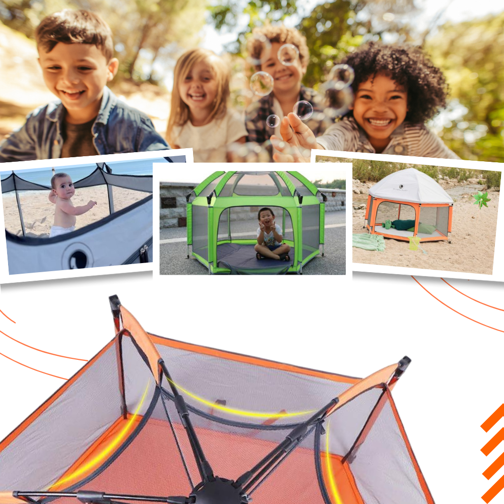 Cercado de malha para crianças da The California Beach Co. LLC, ideal para camping e atividades ao ar livre, fácil de montar.