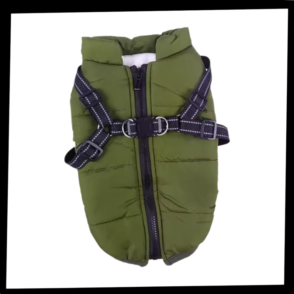 Veste de inverno confortável para cães da marca Popvcly, em tecido preto, com detalhes que oferecem aquecimento e proteção.