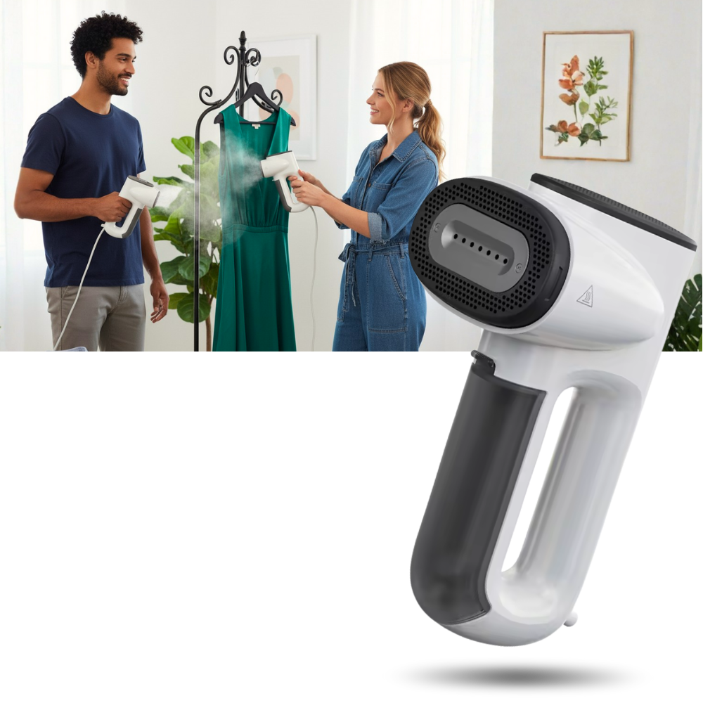 Devorador de vapor portátil para roupas da Divanover, aparelho de lavanderia compacto com vaporizador de roupas em uso.