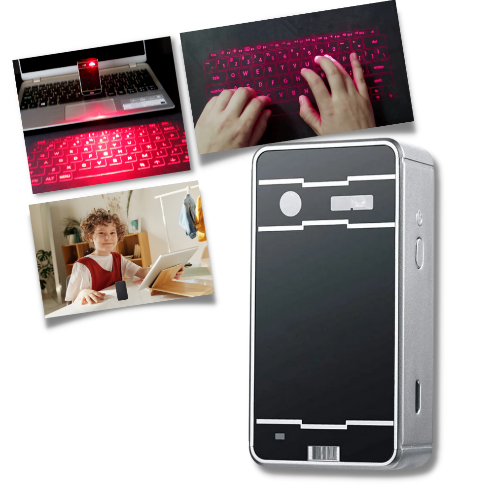 Teclado virtual holográfico portátil da Tomtop, projeção laser para uso em dispositivos de telefonia, com design futurista.