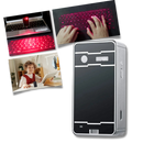 Teclado virtual holográfico portátil da Tomtop, projeção laser para uso em dispositivos de telefonia, com design futurista.