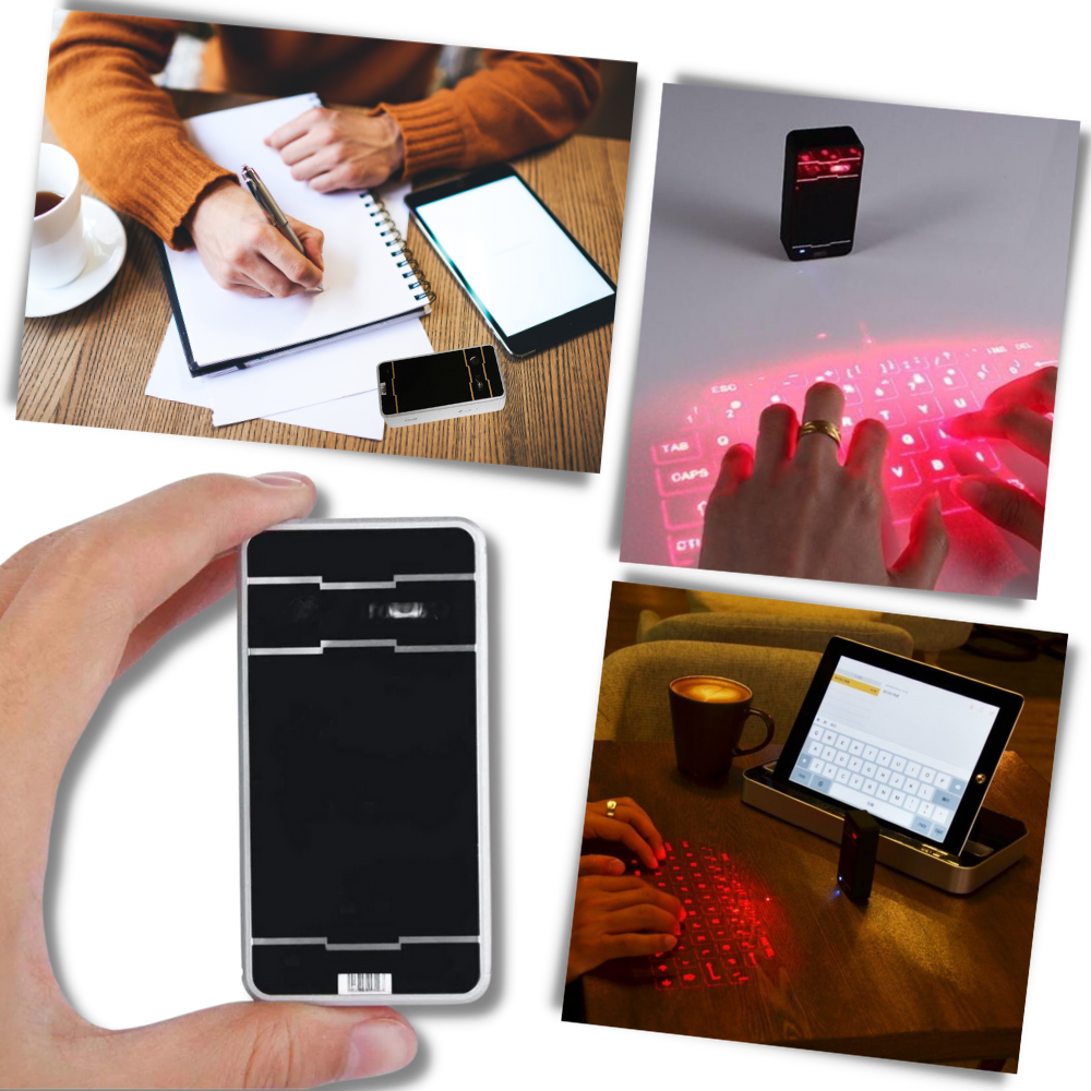 Teclado virtual holográfico portátil de laser para telefonia, compacto e leve, com projeção de teclado em imagem futurista.