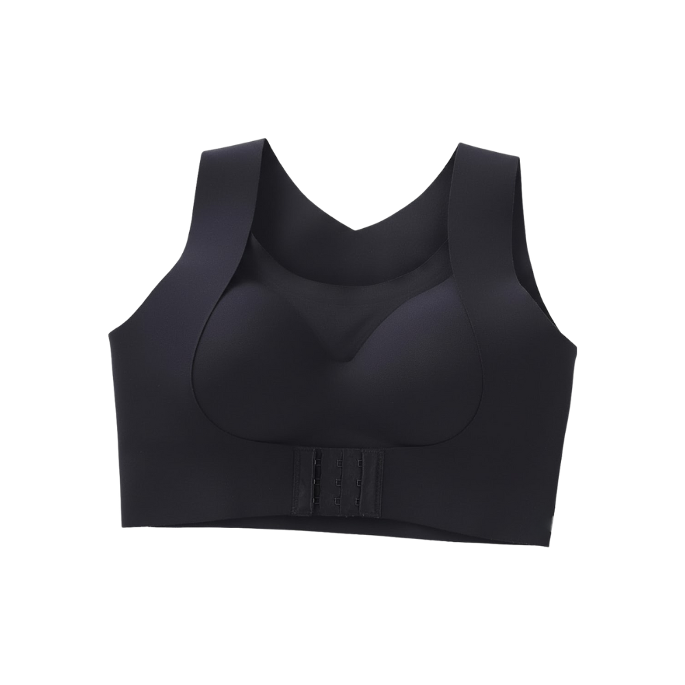 Soutien-gorge sem costura e suporte postural da Xingqing, na cor preta, disponível nos tamanhos S a 5XL, sem aro ou enchimento.