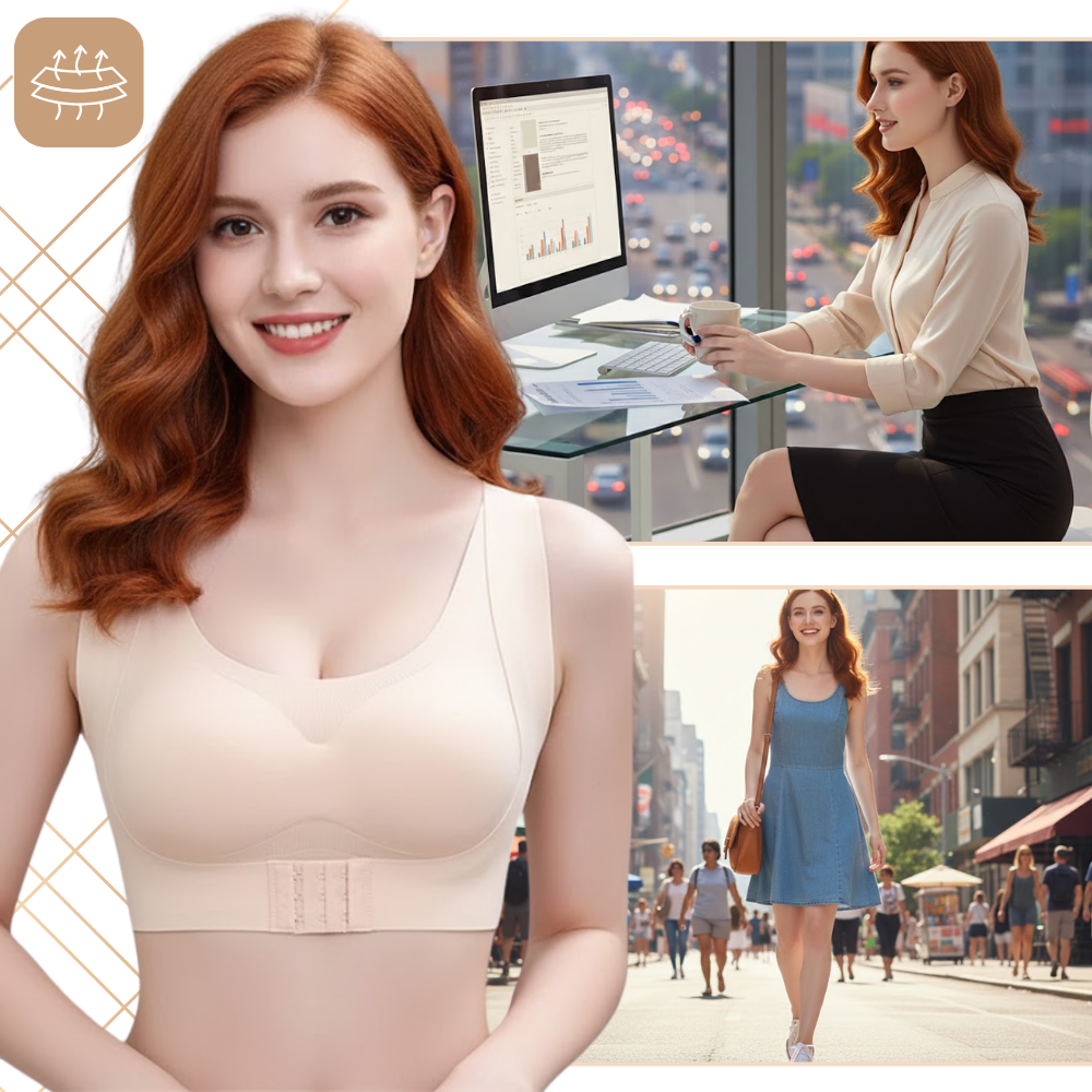 Soutien-gorge sem costura da Xingqing com suporte postural, design confortável e invisível sob roupas.