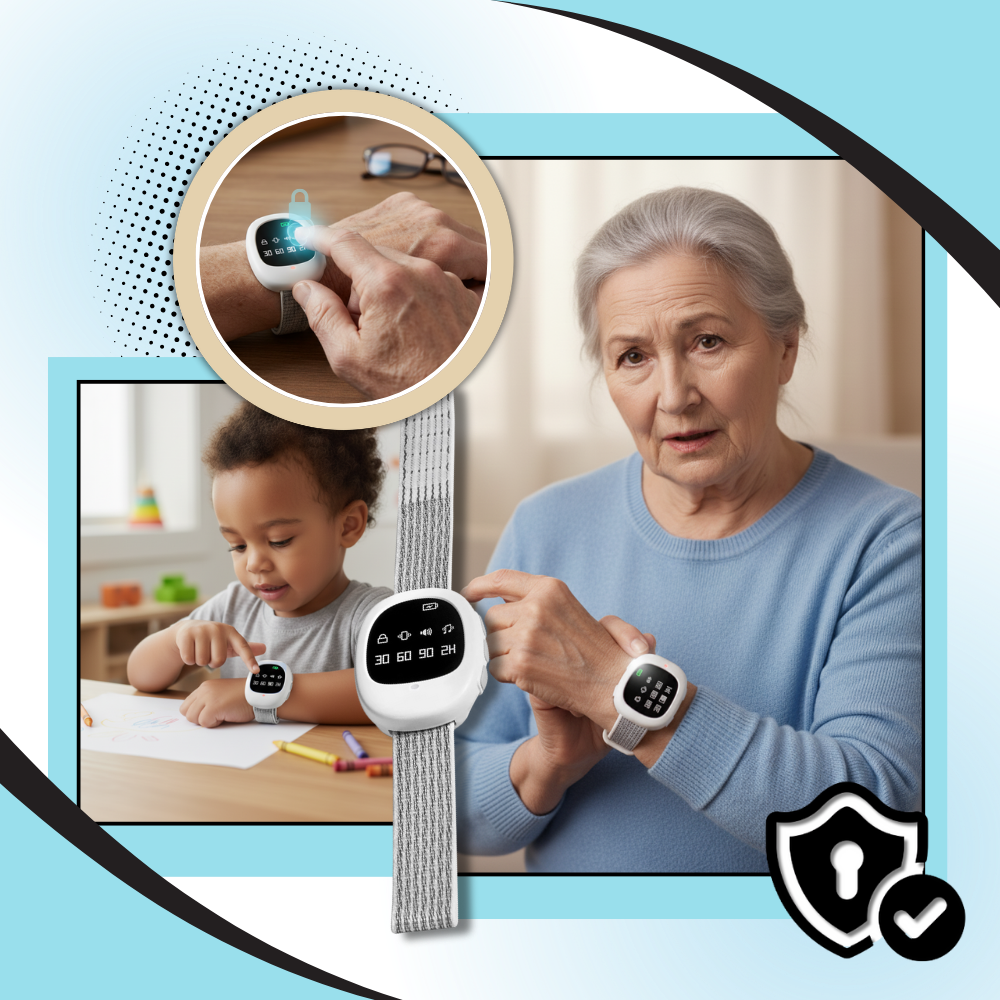 Relógio alarme de enurese da Lifcasual para aprendizado da higiene, com design compacto e visor digital para controle noturno.
