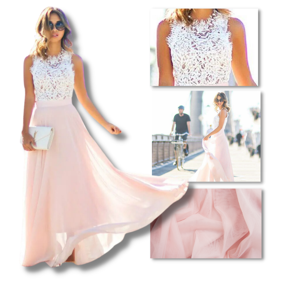 Robe em musselina de renda Prairie Chic da Jbeelate, com detalhes em chiffon e estilo boho, vista frontal.