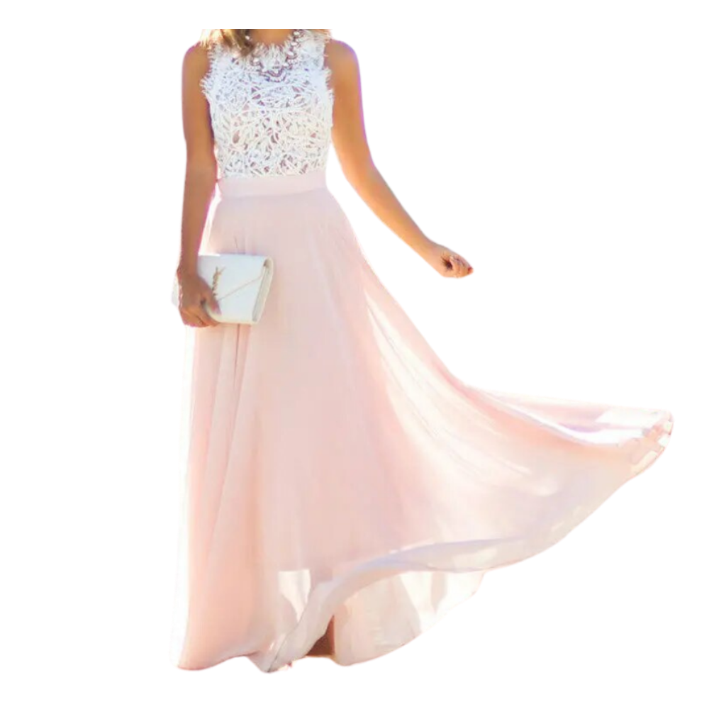 Robe de mousseline de dentelle Prairie Chic da Jbeelate, leve e fluida em tom rosa claro, com detalhes delicados e elegantes.