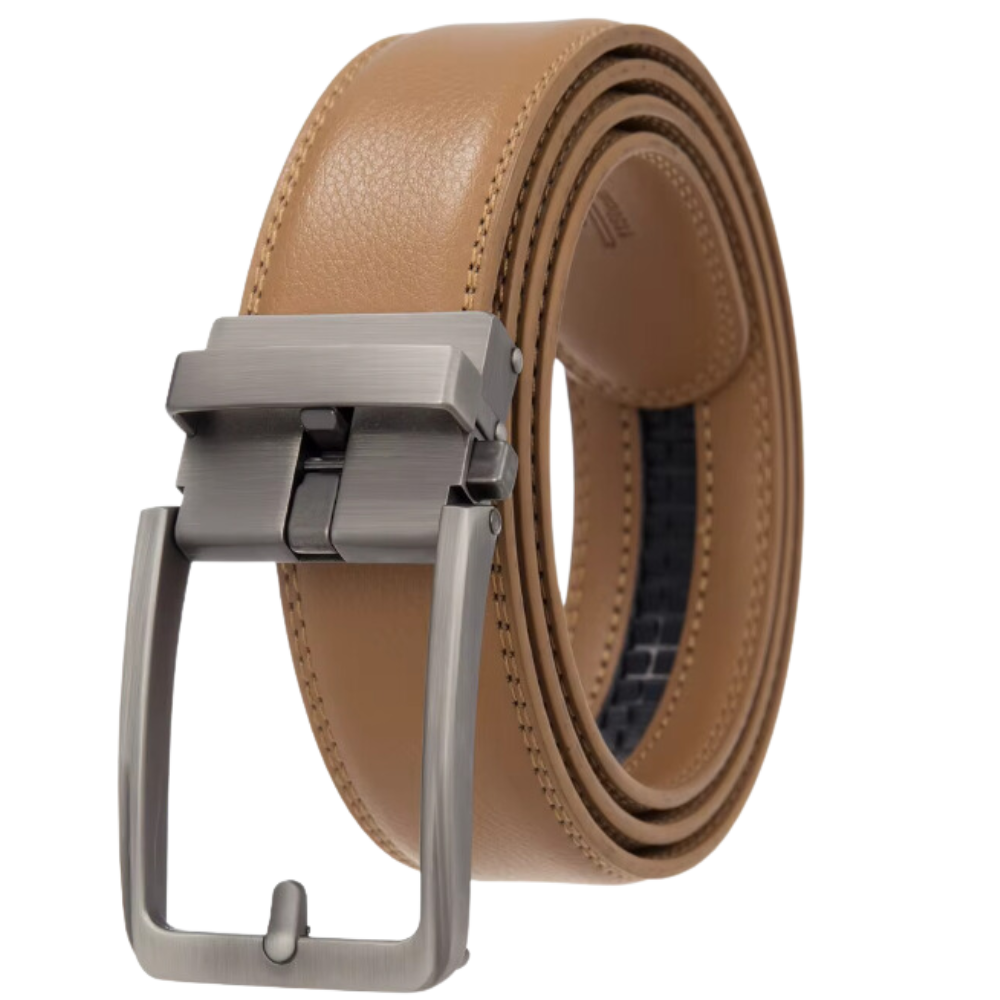 Cintura automática de couro de vaca na cor camel, produto da marca Unique Bargains, com design elegante e ajustável.