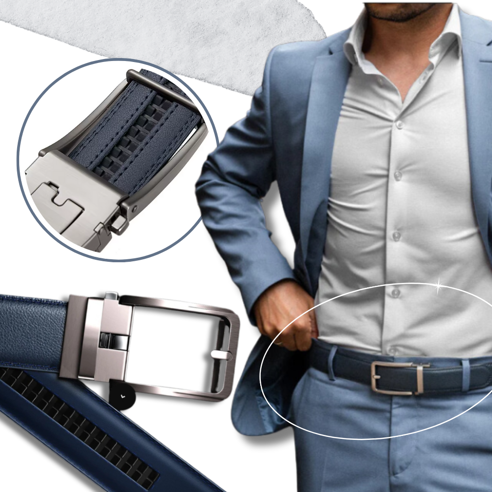 Cinto automático de couro de vaca da marca Unique Bargains, detalhe de fivela e acabamento em couro legítimo.