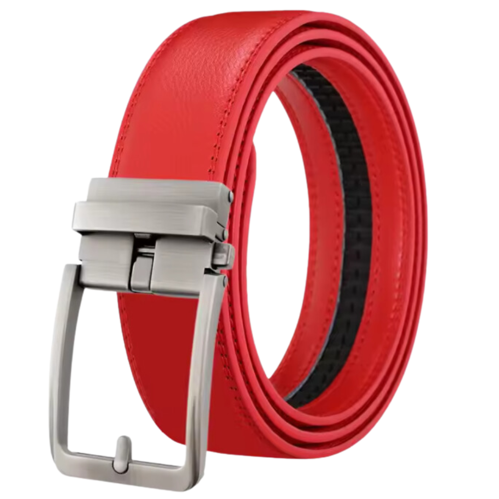 Cinto automático de couro de vaca vermelho da marca Unique Bargains, detalhe e textura do material na imagem.