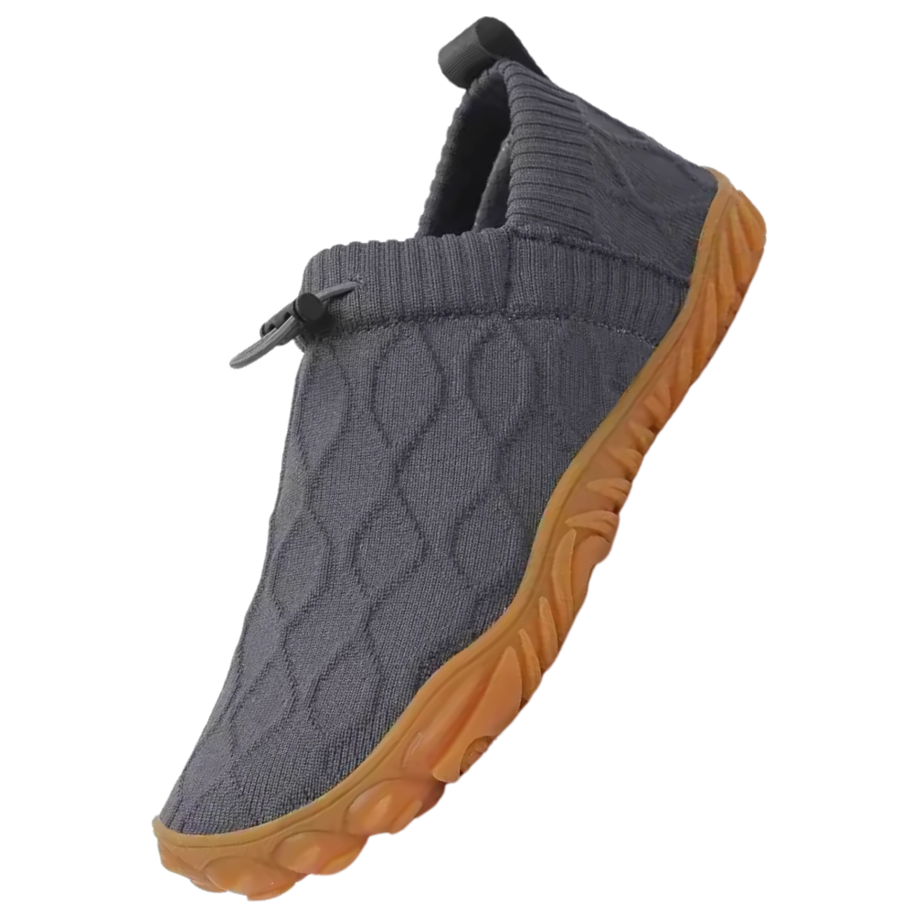 Sapatos confortáveis Luniquz Barefoot cinza, calçados leves e flexíveis, visão frontal com detalhes de textura e design ergonômico.