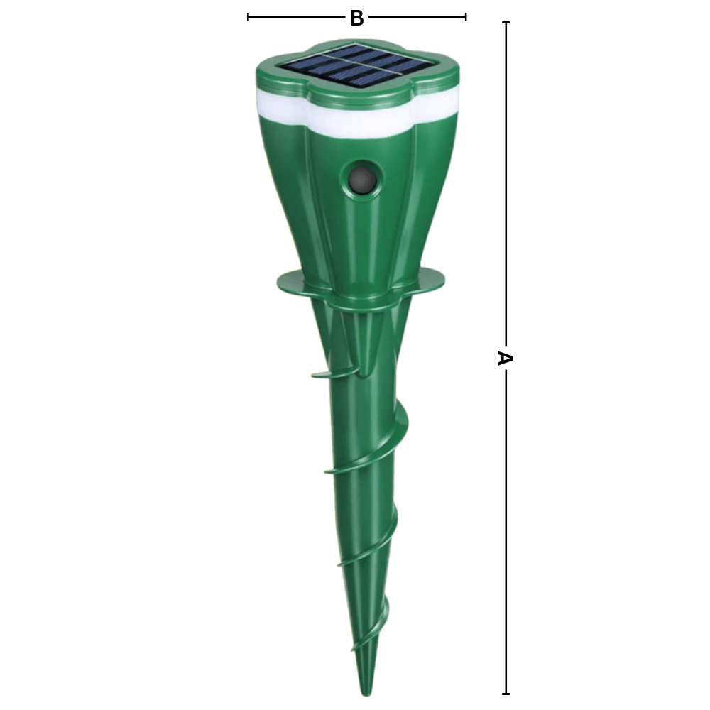 Repulsor solar a impulsos da Dcenta para desinsetização, mostrando o dispositivo e suas dimensões em imagem.