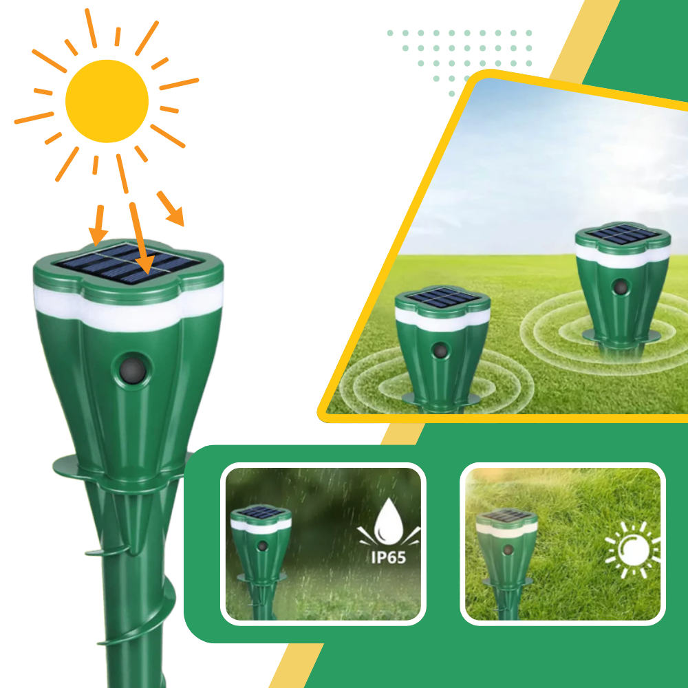 Repulsor solar a impulsões da Dcenta para desinsetização, mostrando o dispositivo portátil com painéis solares e funcionamento solar.