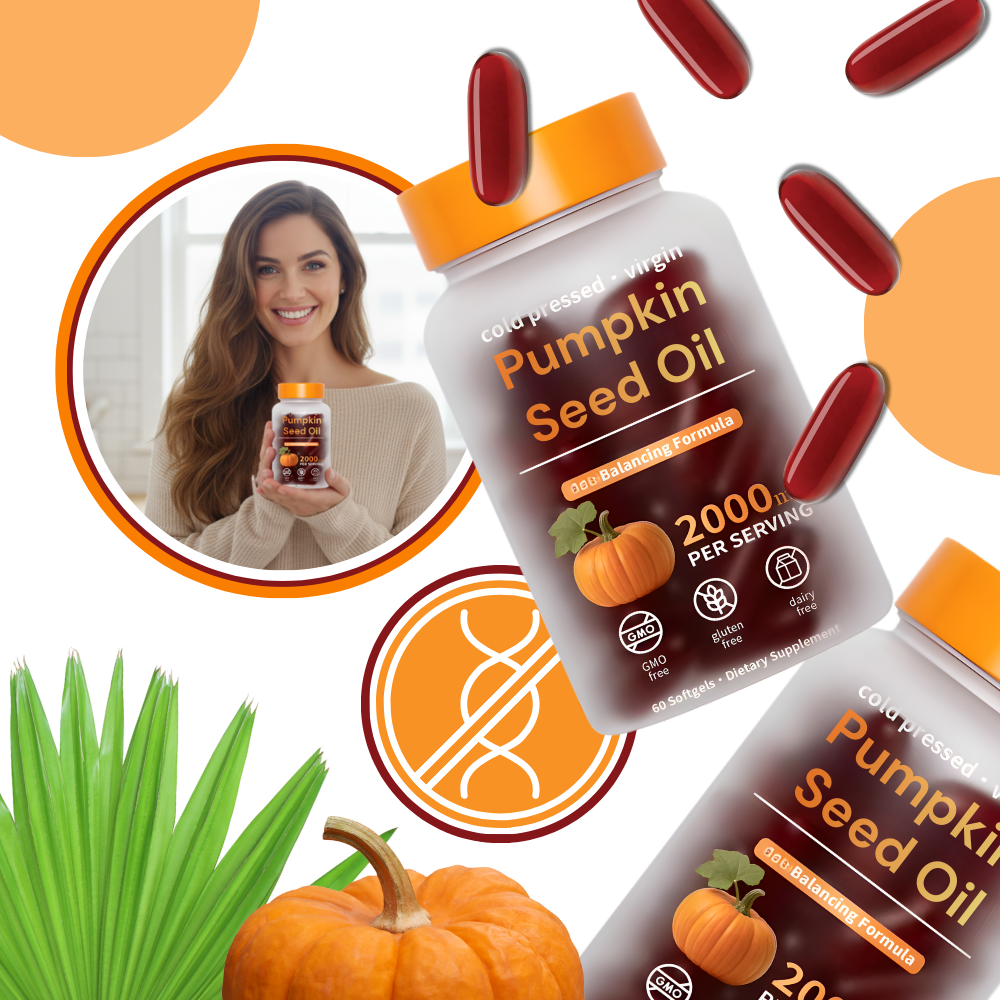 Gélulas de óleo de sementes de abóbora Naturebell para cuidado capilar, apresentando ingredientes transparentes.