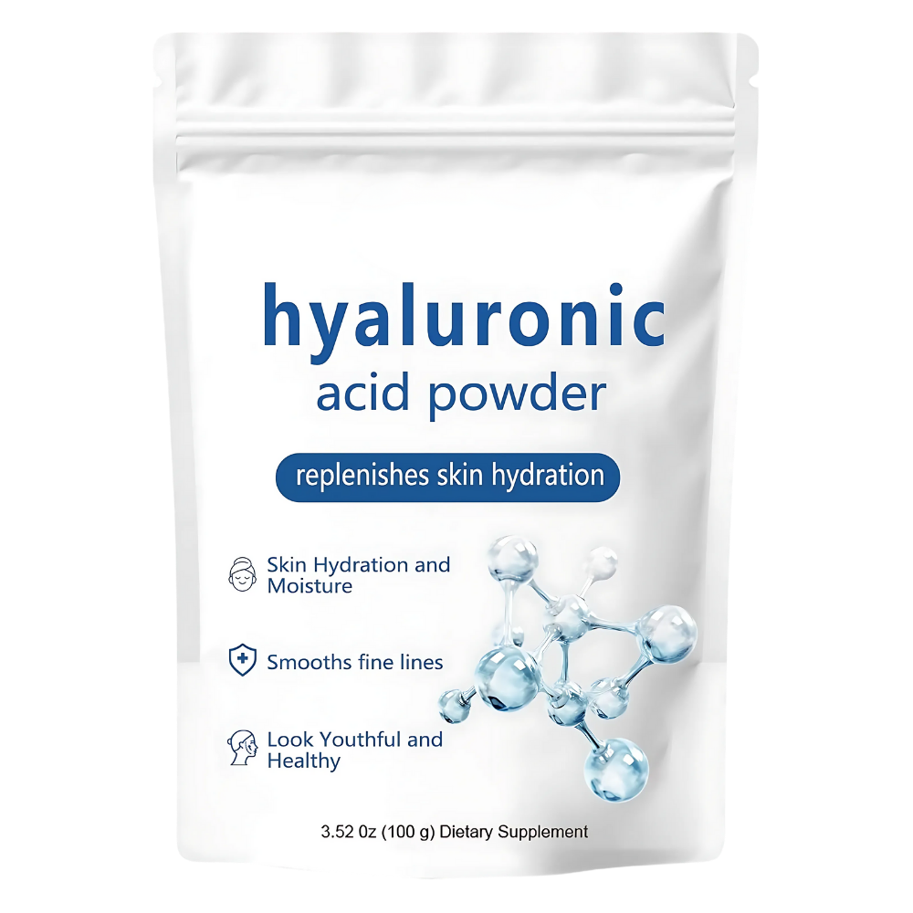 Poudre de ácido hialurônico hidratante de espectro completo da Purisure, cosméticos para pele, em embalagem branca.
