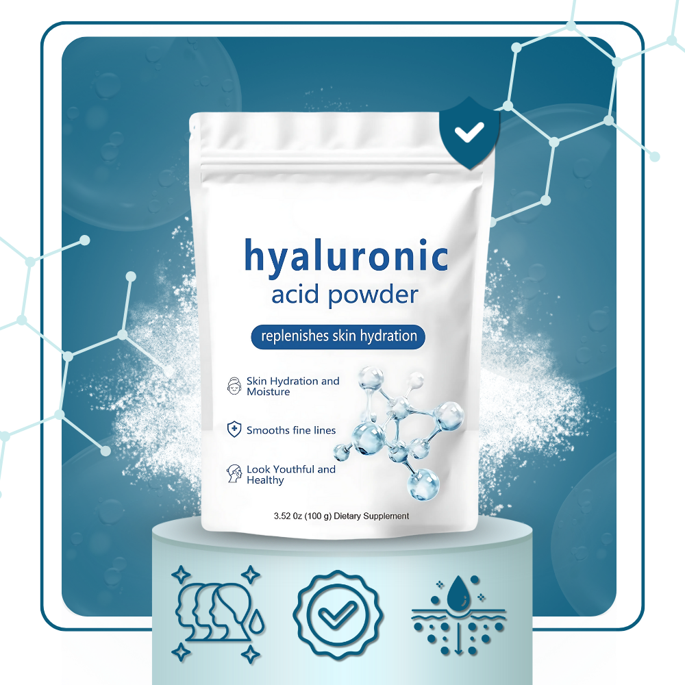 Poudre de ácido hialurônico hidratante de espectro completo da marca Purisure, embalagem com pó branco para cuidados cosméticos.