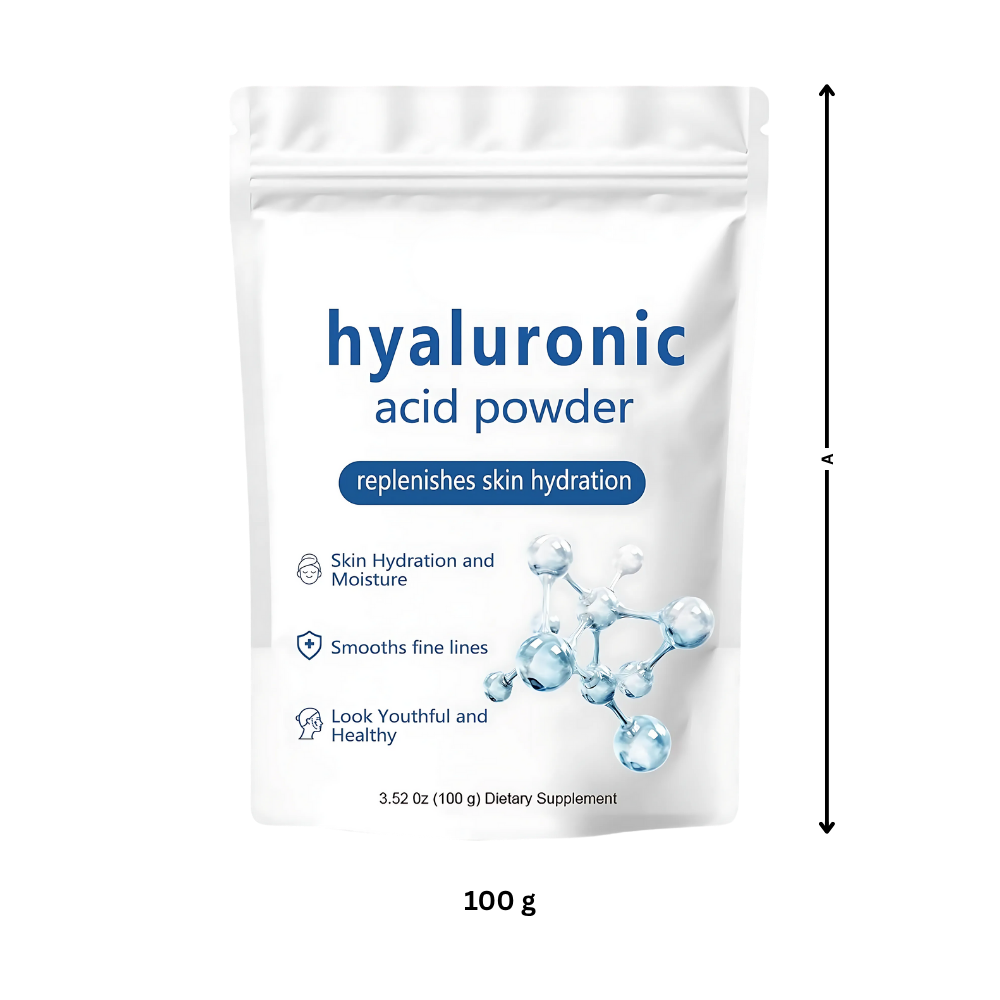 Poudre de acide hialurônico hidratante Purisure, cosméticos de espectro completo, em embalagem branca com logo da marca.